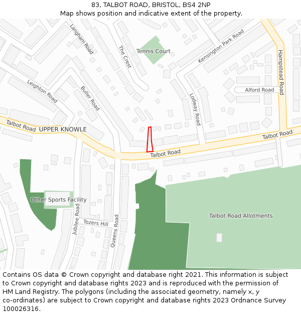 83, TALBOT ROAD, BRISTOL, BS4 2NP: Location map and indicative extent of plot