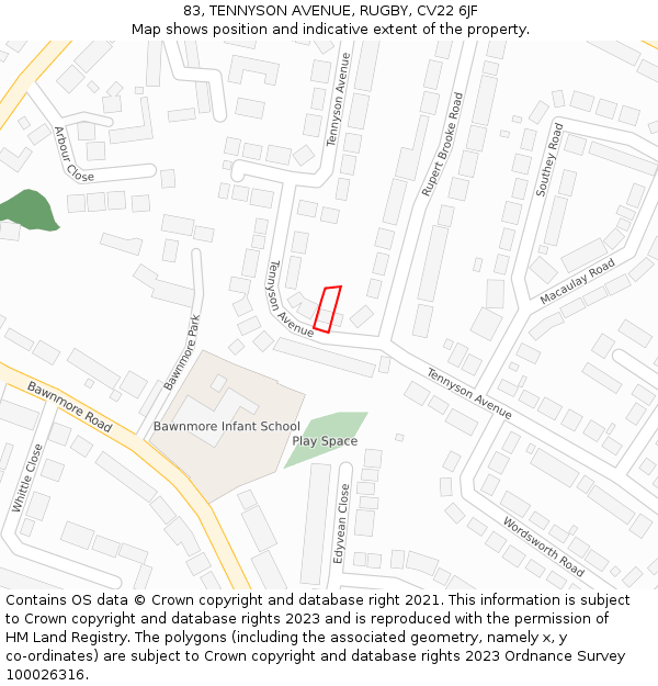83, TENNYSON AVENUE, RUGBY, CV22 6JF: Location map and indicative extent of plot