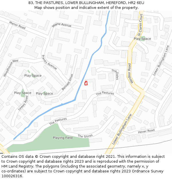 83, THE PASTURES, LOWER BULLINGHAM, HEREFORD, HR2 6EU: Location map and indicative extent of plot