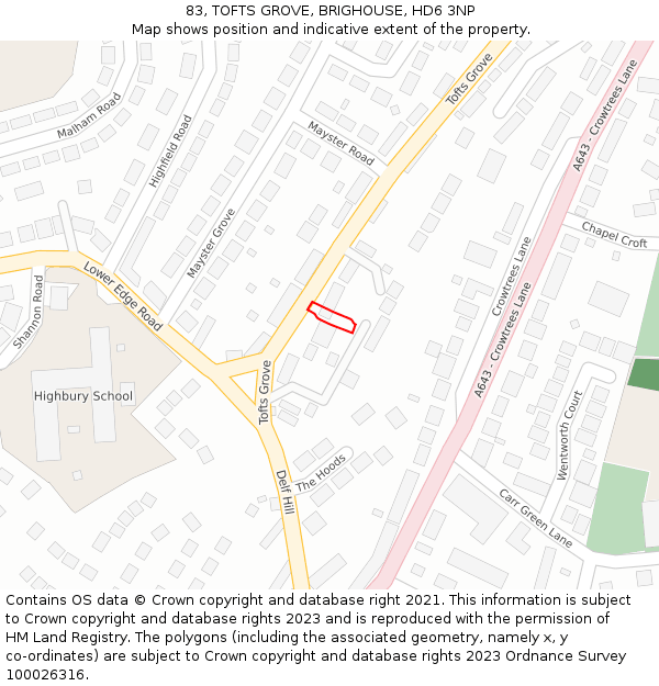83, TOFTS GROVE, BRIGHOUSE, HD6 3NP: Location map and indicative extent of plot