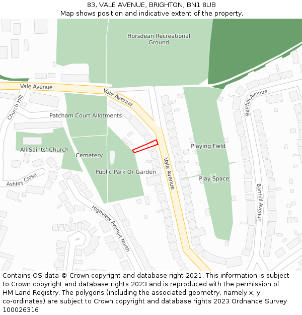 83, VALE AVENUE, BRIGHTON, BN1 8UB: Location map and indicative extent of plot