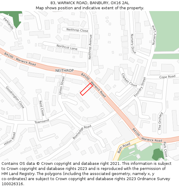 83, WARWICK ROAD, BANBURY, OX16 2AL: Location map and indicative extent of plot