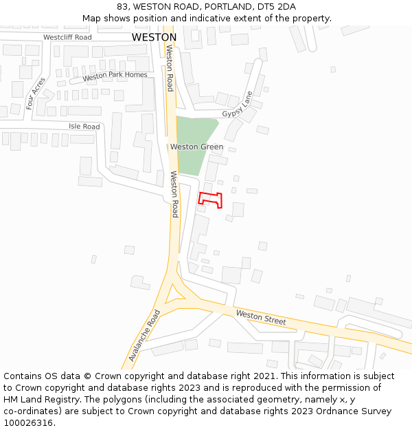 83, WESTON ROAD, PORTLAND, DT5 2DA: Location map and indicative extent of plot