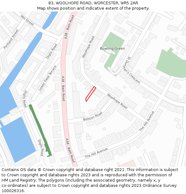 83, WOOLHOPE ROAD, WORCESTER, WR5 2AR: Location map and indicative extent of plot