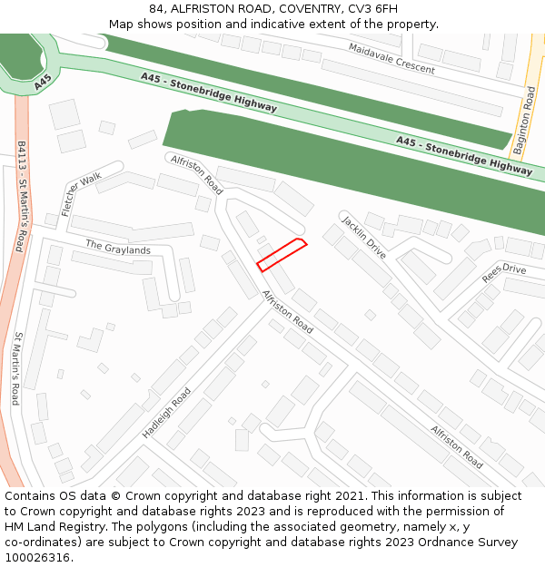 84, ALFRISTON ROAD, COVENTRY, CV3 6FH: Location map and indicative extent of plot