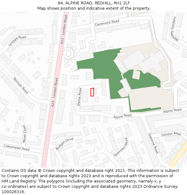 84, ALPINE ROAD, REDHILL, RH1 2LF: Location map and indicative extent of plot