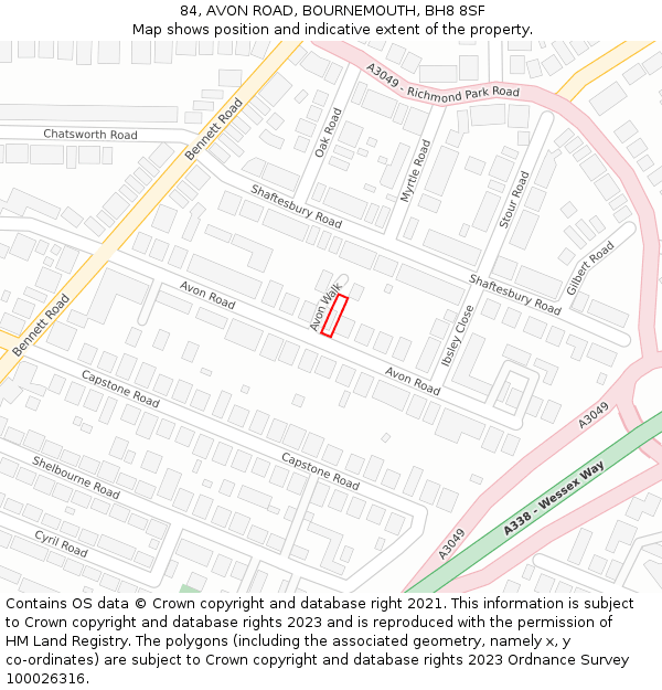84, AVON ROAD, BOURNEMOUTH, BH8 8SF: Location map and indicative extent of plot