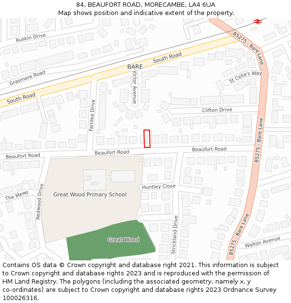 84, BEAUFORT ROAD, MORECAMBE, LA4 6UA: Location map and indicative extent of plot