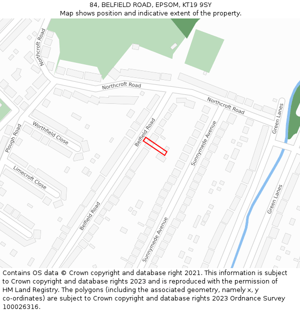 84, BELFIELD ROAD, EPSOM, KT19 9SY: Location map and indicative extent of plot