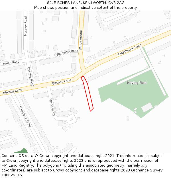 84, BIRCHES LANE, KENILWORTH, CV8 2AG: Location map and indicative extent of plot