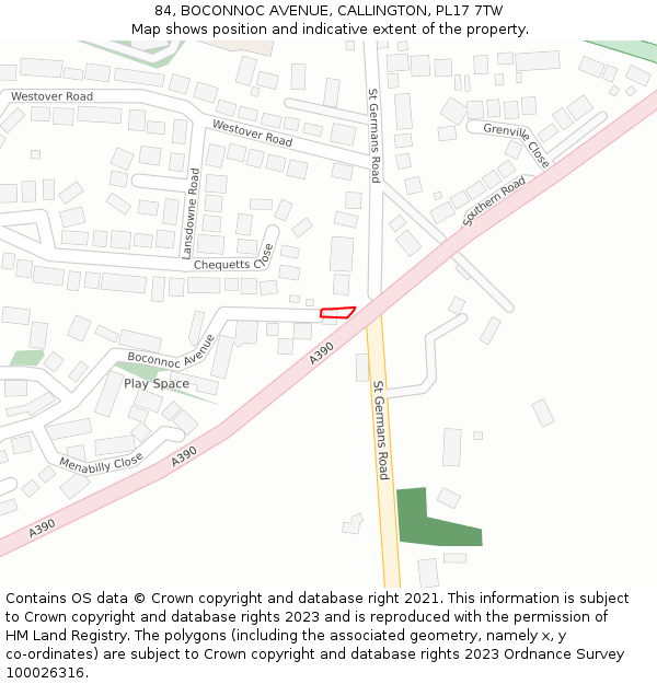 84, BOCONNOC AVENUE, CALLINGTON, PL17 7TW: Location map and indicative extent of plot