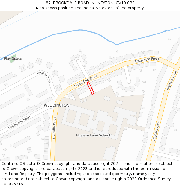 84, BROOKDALE ROAD, NUNEATON, CV10 0BP: Location map and indicative extent of plot