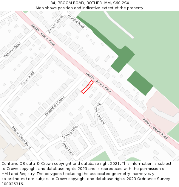 84, BROOM ROAD, ROTHERHAM, S60 2SX: Location map and indicative extent of plot