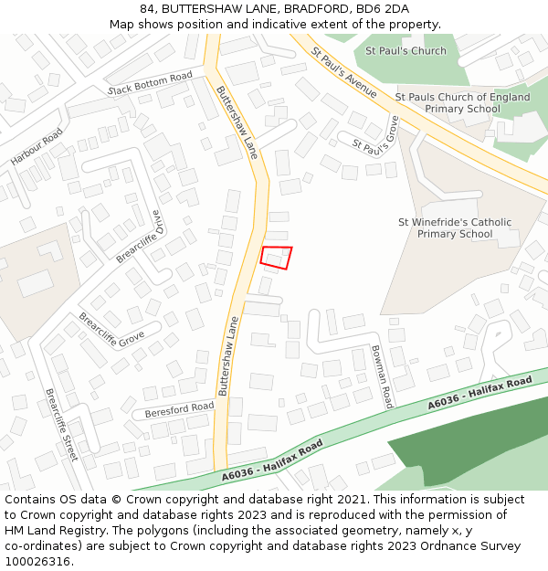 84, BUTTERSHAW LANE, BRADFORD, BD6 2DA: Location map and indicative extent of plot