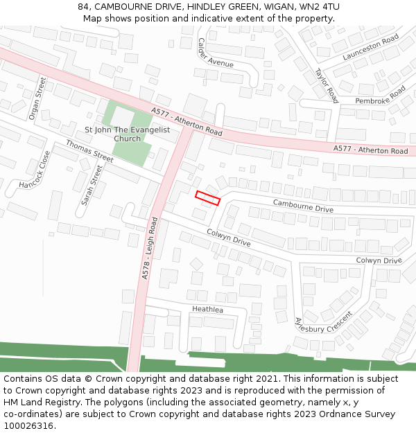 84, CAMBOURNE DRIVE, HINDLEY GREEN, WIGAN, WN2 4TU: Location map and indicative extent of plot
