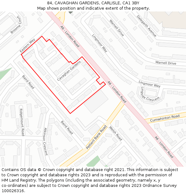 84, CAVAGHAN GARDENS, CARLISLE, CA1 3BY: Location map and indicative extent of plot