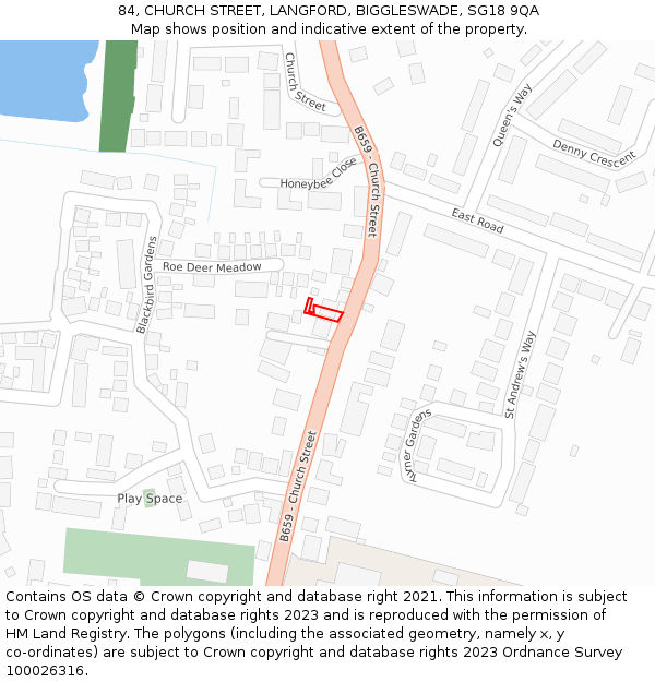 84, CHURCH STREET, LANGFORD, BIGGLESWADE, SG18 9QA: Location map and indicative extent of plot