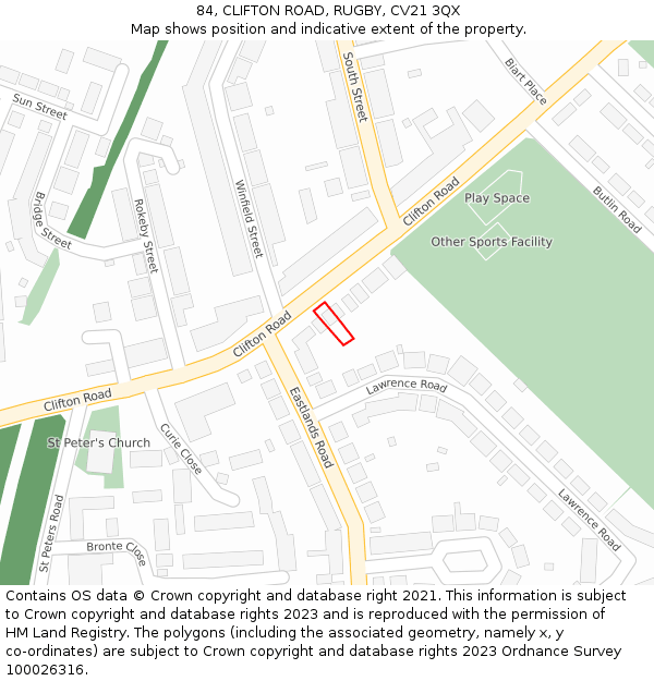 84, CLIFTON ROAD, RUGBY, CV21 3QX: Location map and indicative extent of plot