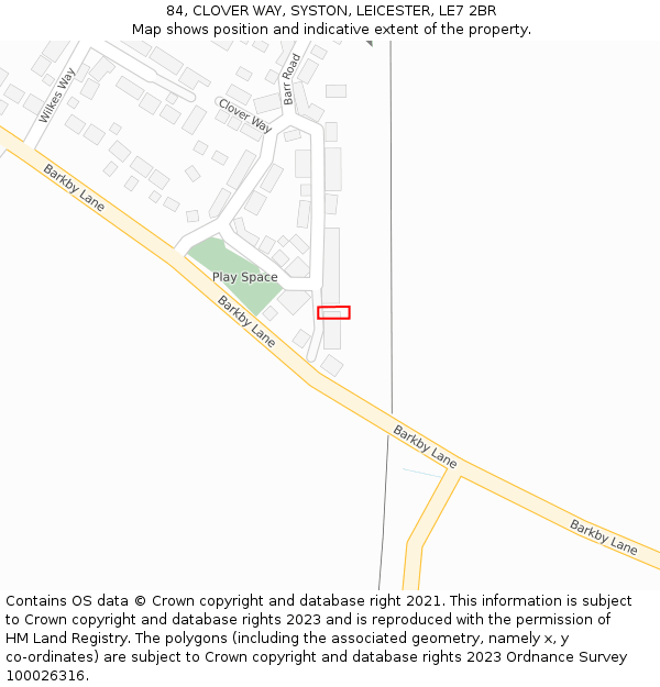 84, CLOVER WAY, SYSTON, LEICESTER, LE7 2BR: Location map and indicative extent of plot