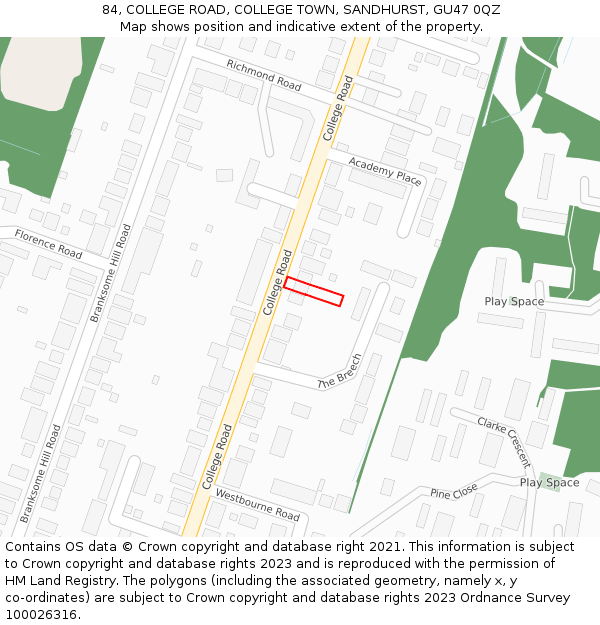 84, COLLEGE ROAD, COLLEGE TOWN, SANDHURST, GU47 0QZ: Location map and indicative extent of plot