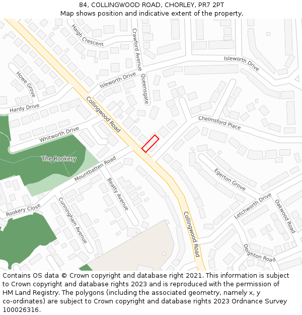 84, COLLINGWOOD ROAD, CHORLEY, PR7 2PT: Location map and indicative extent of plot