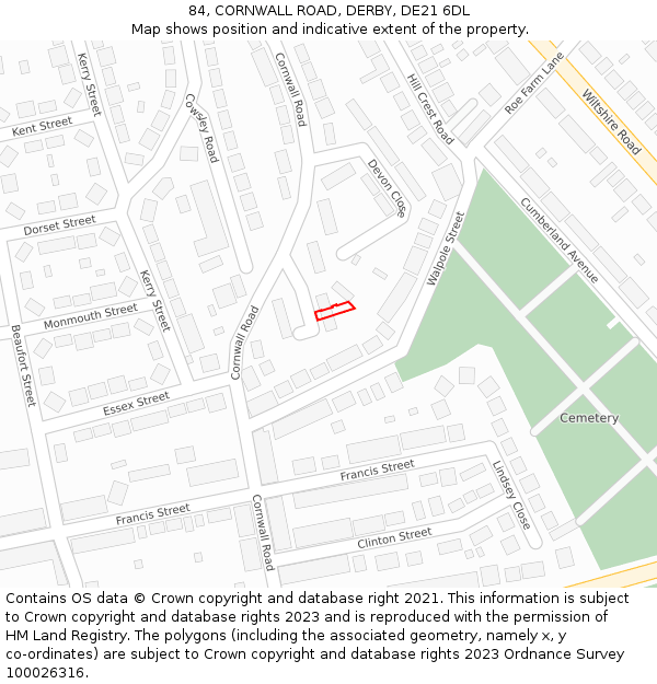 84, CORNWALL ROAD, DERBY, DE21 6DL: Location map and indicative extent of plot