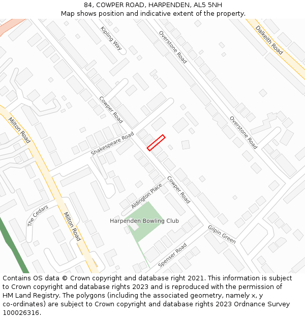 84, COWPER ROAD, HARPENDEN, AL5 5NH: Location map and indicative extent of plot