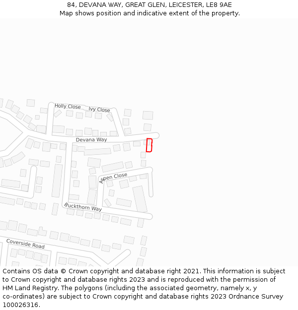 84, DEVANA WAY, GREAT GLEN, LEICESTER, LE8 9AE: Location map and indicative extent of plot