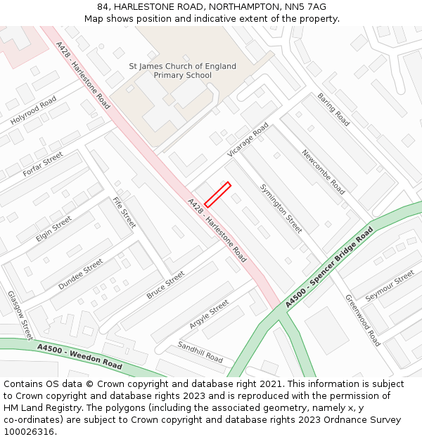 84, HARLESTONE ROAD, NORTHAMPTON, NN5 7AG: Location map and indicative extent of plot