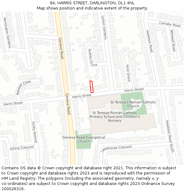 84, HARRIS STREET, DARLINGTON, DL1 4NL: Location map and indicative extent of plot