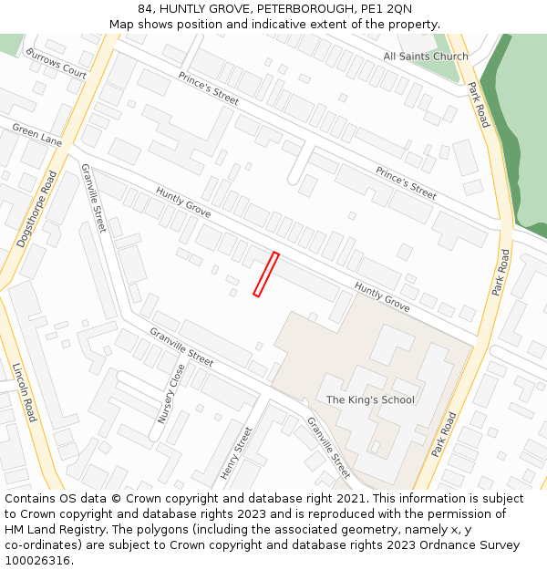 84, HUNTLY GROVE, PETERBOROUGH, PE1 2QN: Location map and indicative extent of plot