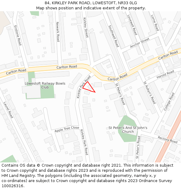 84, KIRKLEY PARK ROAD, LOWESTOFT, NR33 0LG: Location map and indicative extent of plot