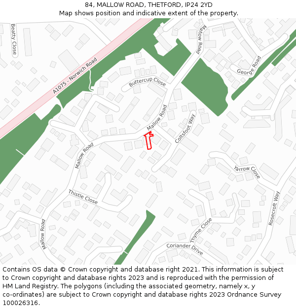84, MALLOW ROAD, THETFORD, IP24 2YD: Location map and indicative extent of plot