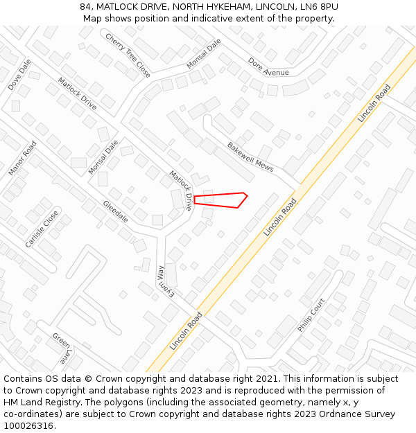 84, MATLOCK DRIVE, NORTH HYKEHAM, LINCOLN, LN6 8PU: Location map and indicative extent of plot