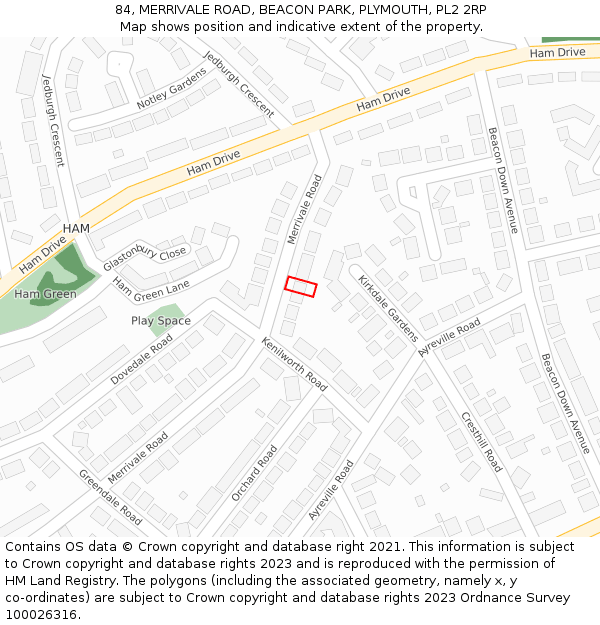84, MERRIVALE ROAD, BEACON PARK, PLYMOUTH, PL2 2RP: Location map and indicative extent of plot