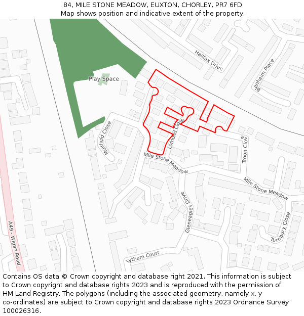 84, MILE STONE MEADOW, EUXTON, CHORLEY, PR7 6FD: Location map and indicative extent of plot