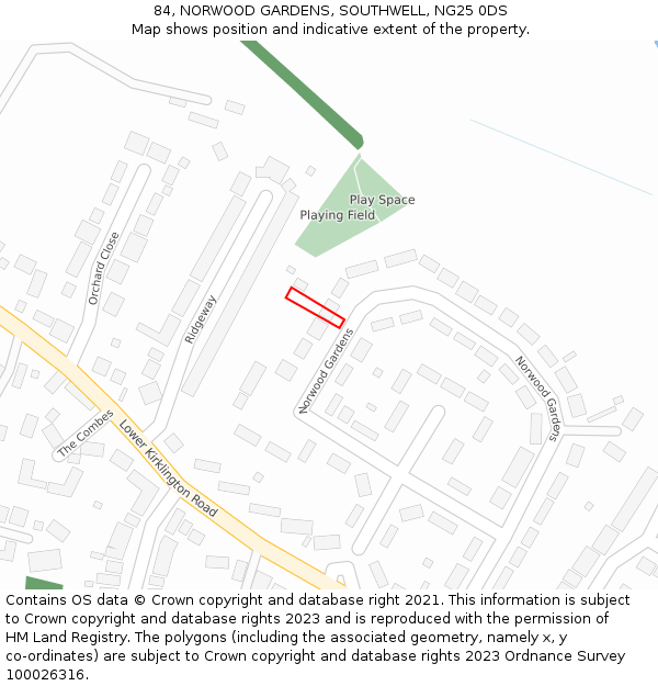 84, NORWOOD GARDENS, SOUTHWELL, NG25 0DS: Location map and indicative extent of plot