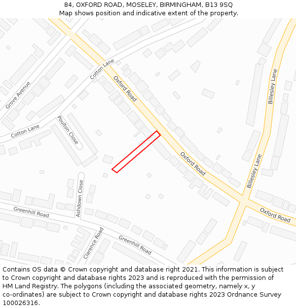 84, OXFORD ROAD, MOSELEY, BIRMINGHAM, B13 9SQ: Location map and indicative extent of plot