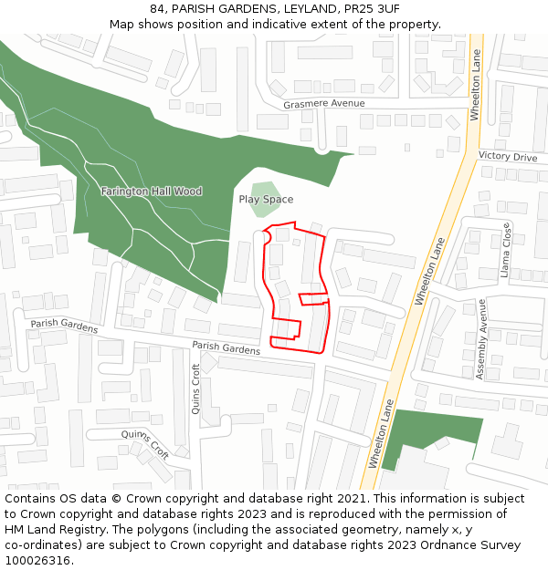 84, PARISH GARDENS, LEYLAND, PR25 3UF: Location map and indicative extent of plot