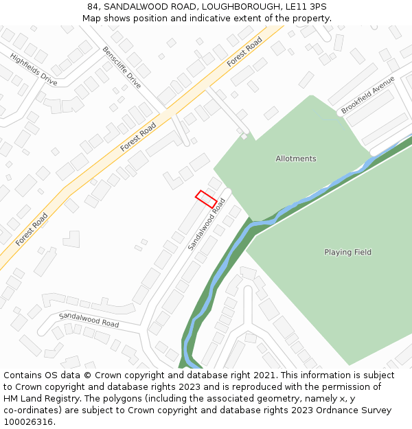 84, SANDALWOOD ROAD, LOUGHBOROUGH, LE11 3PS: Location map and indicative extent of plot