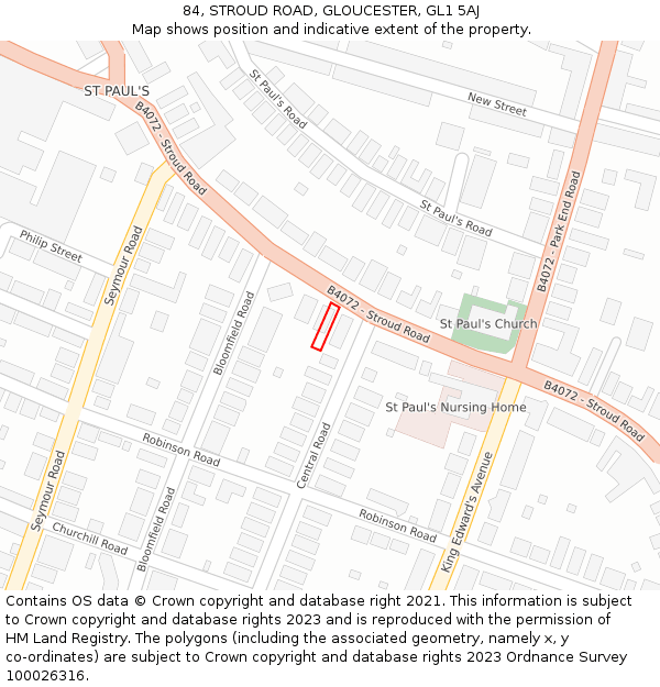 84, STROUD ROAD, GLOUCESTER, GL1 5AJ: Location map and indicative extent of plot