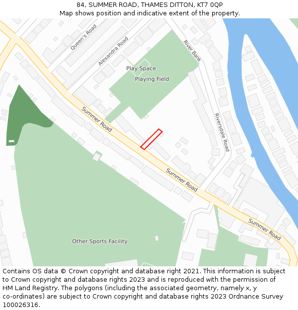 84, SUMMER ROAD, THAMES DITTON, KT7 0QP: Location map and indicative extent of plot