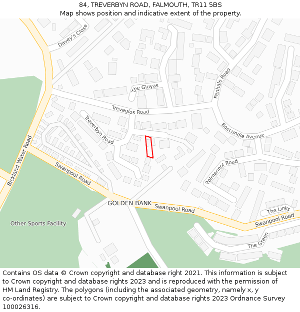 84, TREVERBYN ROAD, FALMOUTH, TR11 5BS: Location map and indicative extent of plot