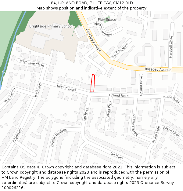 84, UPLAND ROAD, BILLERICAY, CM12 0LD: Location map and indicative extent of plot