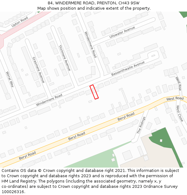 84, WINDERMERE ROAD, PRENTON, CH43 9SW: Location map and indicative extent of plot