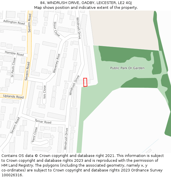 84, WINDRUSH DRIVE, OADBY, LEICESTER, LE2 4GJ: Location map and indicative extent of plot
