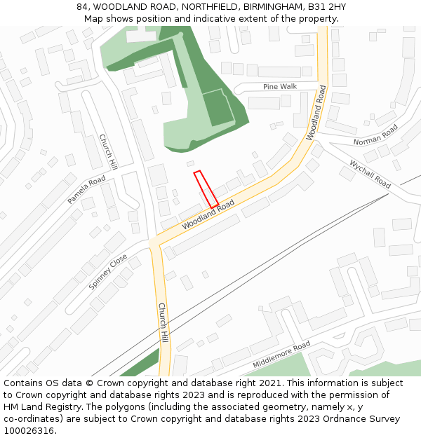 84, WOODLAND ROAD, NORTHFIELD, BIRMINGHAM, B31 2HY: Location map and indicative extent of plot
