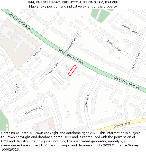 844, CHESTER ROAD, ERDINGTON, BIRMINGHAM, B24 0EH: Location map and indicative extent of plot