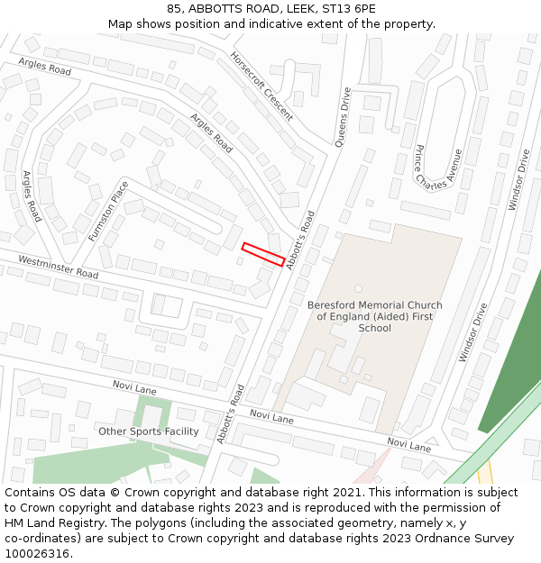 85, ABBOTTS ROAD, LEEK, ST13 6PE: Location map and indicative extent of plot