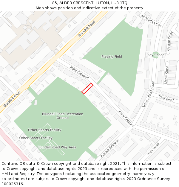 85, ALDER CRESCENT, LUTON, LU3 1TQ: Location map and indicative extent of plot